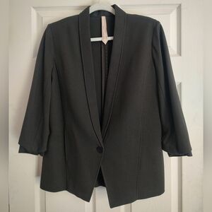 Bailey 44 Blazer Jacket Coat Khaki Grey Green One Button Ruched 3/4 Sleeve L